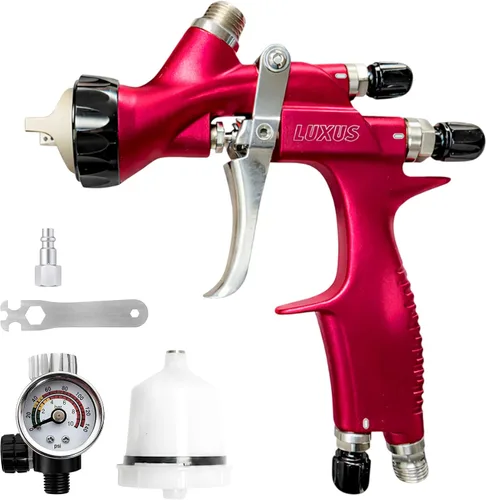 Miniatura 8 de LUXUS 1.3 HVLP/LVMP Pistola de pintura en aerosol profesional con vaso de plástico de 21.1 fl oz, regulador de aire, kit de limpieza