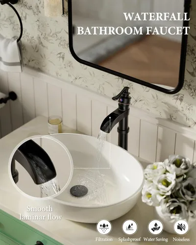 Miniatura 2 de Homevacious Fregadero de cascada de bronce aceitado alto negro de una sola manija lavabo de baño con montaje de drenaje desplegable Lavabo mezclador