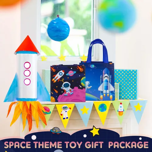Miniatura 7 de Kigeli 60 bolsas de regalos espaciales de 6 estilos, recuerdos de fiesta espacial, bolsas grandes de regalo no tejidas con asas, bolsa de dulces