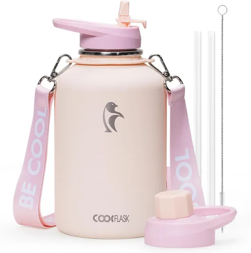 Miniatura 35 de Botella de agua Coolflask de 40 onzas con correa, botella de agua metálica aislada con popote y tapas con pico, acero inoxidable de doble pared al