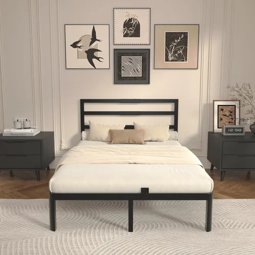 Miniatura 7 de Base de cama matrimonial de 14 pulgadas con cabecero, marco de cama de metal negro, sin necesidad de somier, juntas antideslizantes, sin ruido