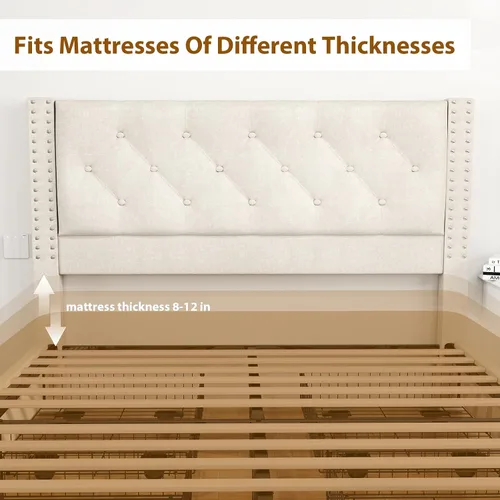 Miniatura 4 de EVLIQUIL - Marco de cama de tamaño matrimonial con 4 cajones de almacenamiento y cabecero, color beige Upholstered Platform Bed Frame with Wood