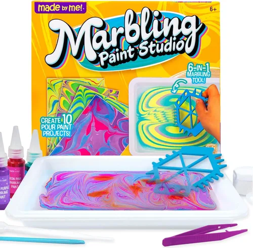 Made By Me Marbling Studio - Kit de marmoleado de 25 piezas para niños, haz 10 proyectos de arte de pintura para verter - Dip & Paint Marbling Arts
