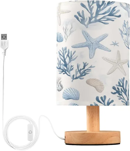 ALAZA Lámpara de mesa náutica de coral con estrella de mar costera para dormitorio, puerto USB, lámpara de mesita de noche pequeña, lámpara de