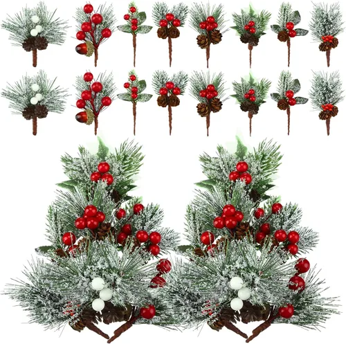 Miniatura 9 de 48 piezas de púas y aerosoles de Navidad, púas florales de árbol de Navidad, púas de acebo, tallos de bayas rojas, spray de vegetación para Bonito