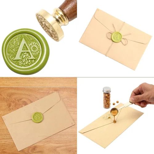 Miniatura 7 de Yoption - Sello de cera con letra A, cabeza de latón, alfabeto botánico, sello de sellado inicial con mango de madera