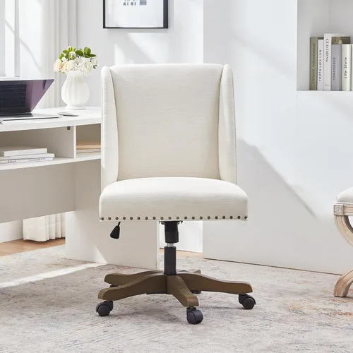 Miniatura 9 de Zihanhome Silla de Oficina Tapizada Sin Brazos con Patas de Madera, Moderna Silla de Escritorio Ajustable con Patrón Cruzado para Oficina en Casa