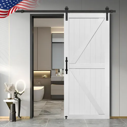 Miniatura 29 de S&Z TOPHAND® Puerta de granero doble de MDF de 18 x 84 pulgadas con kit de herrajes para puerta corredera de 6 pies, tablero sólido de puerta
