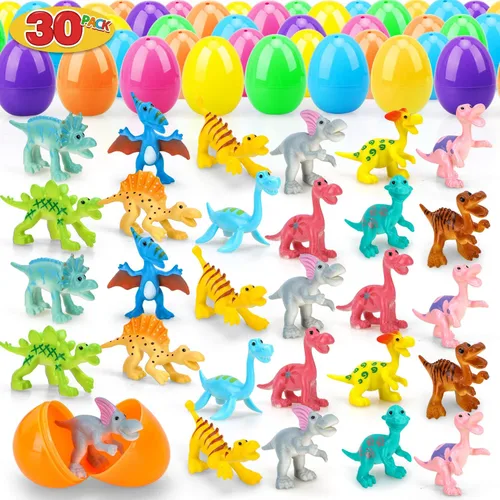 TOY Life 30 paquetes de huevos de Pascua rellenos con dinosaurio, recuerdos de fiesta de Pascua y rellenos de cesta a granel para niños, huevos