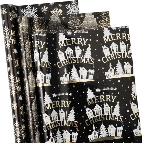 RUSPEPA Juego de papel de regalo de Navidad negro y dorado, mini rollo, papel de regalo navideño con lámina dorada con árbol, copo de nieve y diseño