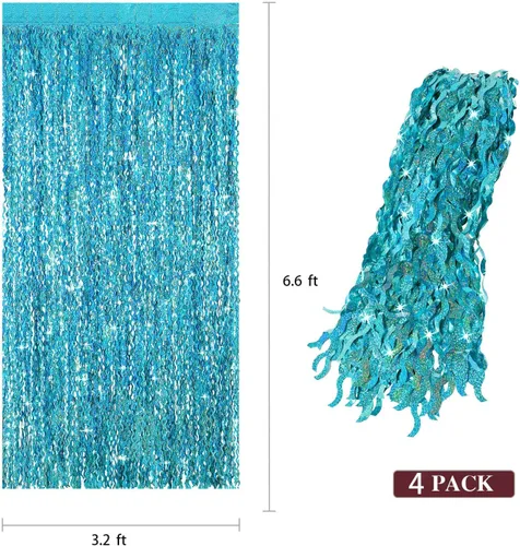 Miniatura 3 de Paquete de 4 cortinas onduladas de flecos de papel de aluminio verde azulado aguamarina para decoración de fiesta, 3.3 pies x 6.6 pies, cortina