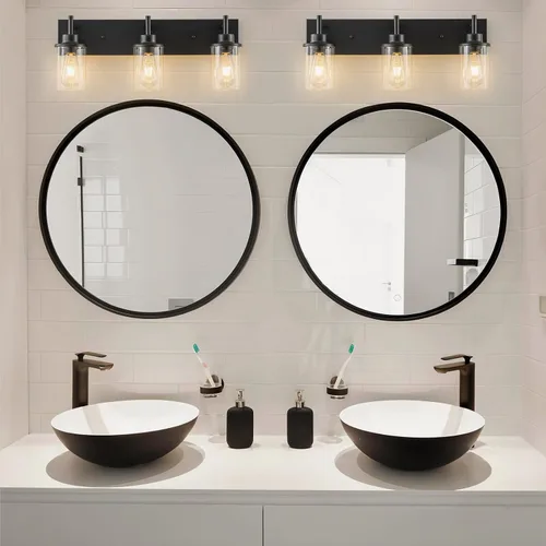 Miniatura 2 de GoYeel Accesorios de iluminación de tocador, aplique de pared negro mate de 3 luces negras con pantalla de vidrio transparente para dormitorio