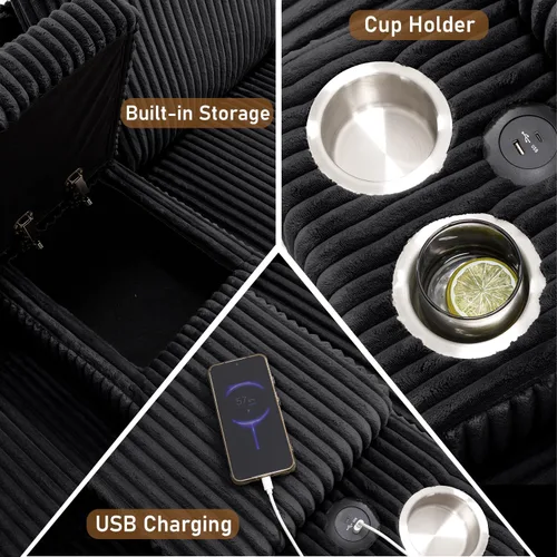 Miniatura 3 de Sofá seccional en forma de U de 132 pulgadas, mullido y afelpado de pana de 4 asientos, sofás seccionales color negro para sala de estar, cómodo