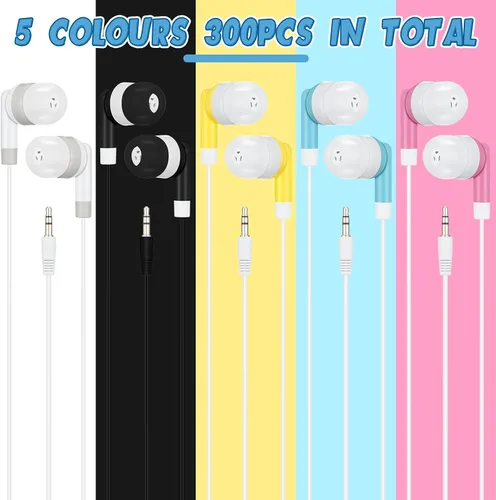 Miniatura 2 de Kigeli Paquete de 300 auriculares a granel con cable para aulas, niños, coloridos en el oído, estudiantes, auriculares con conector de 0.138 in