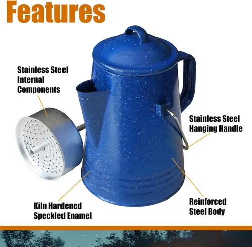 Miniatura 2 de Grip Percoladora de café (azul) - Acero esmaltado duradero - Prepara café sobre el fuego - Camping, senderismo, mochilero, pesca, caza - (8 tazas)