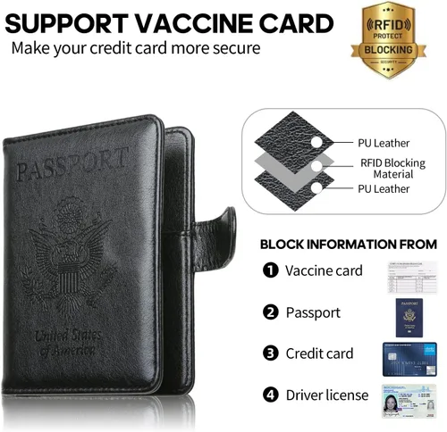 Miniatura 3 de MCmolis Combo de tarjetero para pasaporte y vacunas, funda de cuero con bloqueo RFID, protector organizador de documentos de viaje con ranura