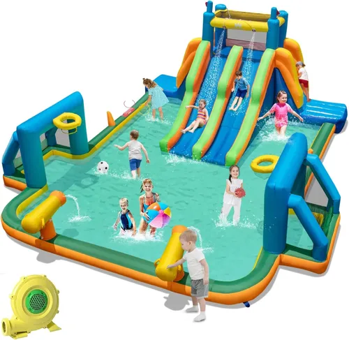 Miniatura 13 de HONEY JOY Tobogán acuático inflable, casa de rebote de agua gigante 8 en 1, parque de toboganes acuáticos con piscina de salpicaduras, gateo