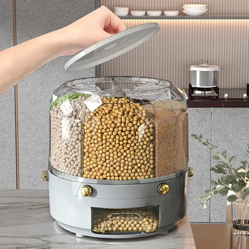 Miniatura 2 de Contenedor de almacenamiento de granos, caja dispensadora de arroz giratoria, dispensador de granos de 6 rejillas, dispensador de alimentos