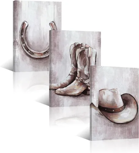 HOMEOART Lienzo enmarcado para decoración de pared de vaquero, decoración rústica de habitación occidental para niños, 16 x 24 pulgadas x 3 piezas