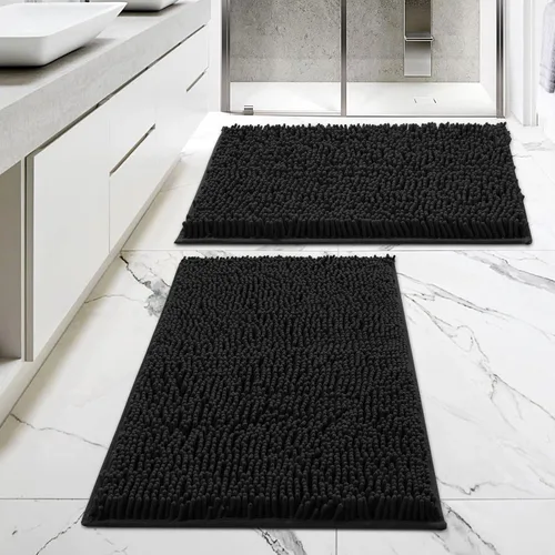 MitoVilla Juego de 2 alfombras de baño negras, 2 piezas de 20 x 32 pulgadas, alfombras de baño de felpilla extra suaves y absorbentes, alfombra de