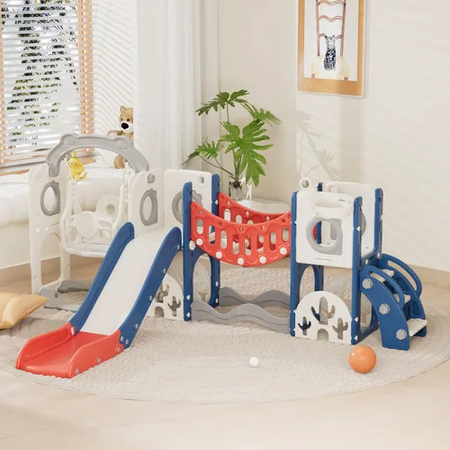 Miniatura 11 de KORIMEFA Tobogán infantil 7 en 1, tobogán infantil para bebés de 1 a 3 años, para interiores y exteriores, con aro de baloncesto y juego de golf