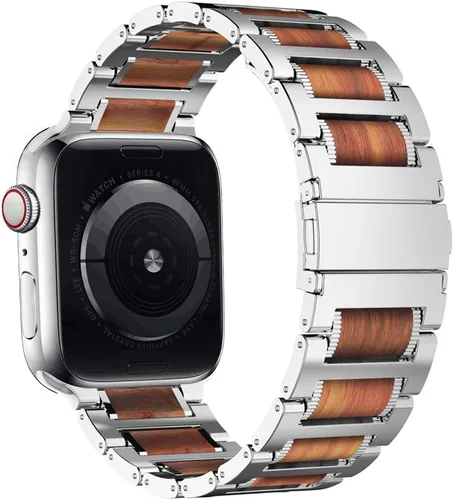 Miniatura 4 de iiteeology Correa compatible con Apple Watch, pulsera de eslabones de madera y acero natural para iWatch Series 1-11 de 1.65" (42mm), 1.61" (41mm)