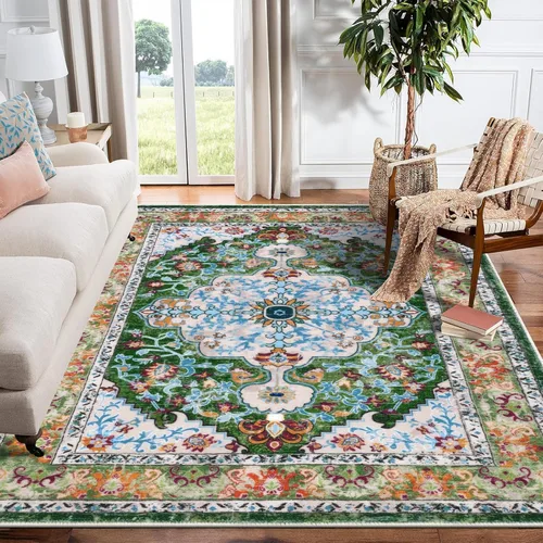 Miniatura 109 de U'Artlines Alfombra de Área Bohemia Lavable, 2x3 Pequeña Suave Antideslizante Vintage Felpudo para Puerta Frontal Interior Alfombra Verde