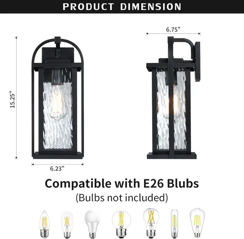 Miniatura 3 de Lámparas de pared para exteriores de 15 pulgadas, aplique de pared negro mate exterior con vidrio ondulado de agua, antioxidante, impermeable, luces