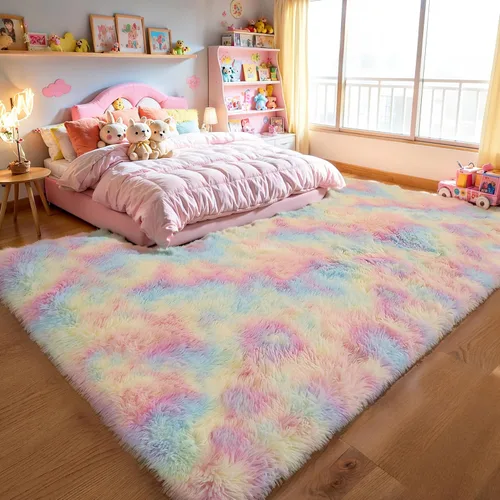 Miniatura 8 de KCHOWUA Alfombras Esponjosas y Peludas de Unicornio para Dormitorio de Niñas, 3x5 pies Lavable Antideslizante Alfombra de Área Shag Peluda para Sala