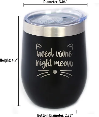 Miniatura 5 de Need Wine Right Meow - Vaso de vino de gato con tapa deslizante, vaso aislado de acero inoxidable sin tallo, regalos divertidos y bonitos