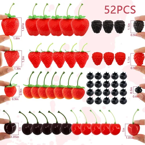 Miniatura 2 de 52 piezas de frutas artificiales falsas, incluye fresas falsas, arándanos falsos, frambuesas falsas, cerezas falsas, reutilizables, impermeables