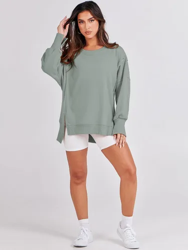 Miniatura 7 de ANRABESS Sudadera de gran tamaño para mujer, cuello redondo, manga larga, casual, con abertura, sin botones, ropa de otoño