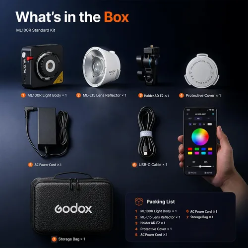 Miniatura 9 de Godox Luz de video LED RGB ML100R 110W, con reflector intercambiable de 15°/1800-10000K CCT/14 efectos FX cinematográficos/múltiples opciones