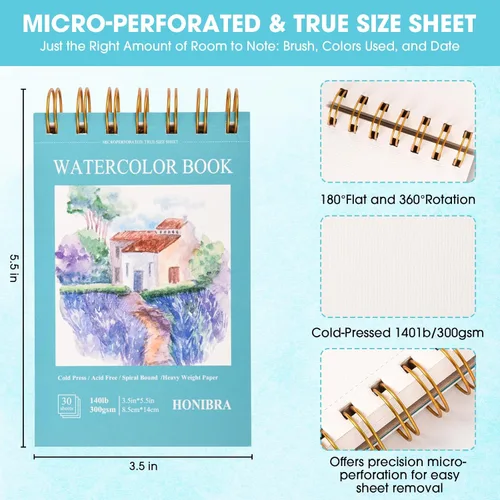 Miniatura 2 de Bloc de papel de acuarela de 3.5 x 5.5 pulgadas, pequeño cuaderno de bocetos de acuarela de 140 libras/10.58 oz, 30 hojas encuadernadas en espiral