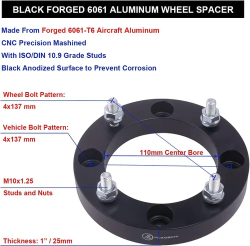 Miniatura 6 de Espaciadores de rueda forjados en negro 4x137 para todoterreno de 1 pulgada con pernos de 10x1.25 Compatibles con Kawasaki Can-Am Bombardier Suzuki