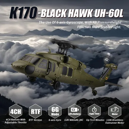 Miniatura 2 de Modelo de helicóptero WL K170 RC, BK Hawk UH-60L 170 tamaño 4CH Flybarless helicóptero con acelerador ajustable izquierdo y derecho (versión RTF)