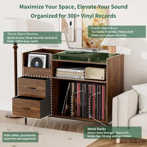 Miniatura 6 de Hassyee Soporte para tocadiscos con almacenamiento para más de 500 álbumes, estante giratorio moderno de mediados de siglo y cajones, consola