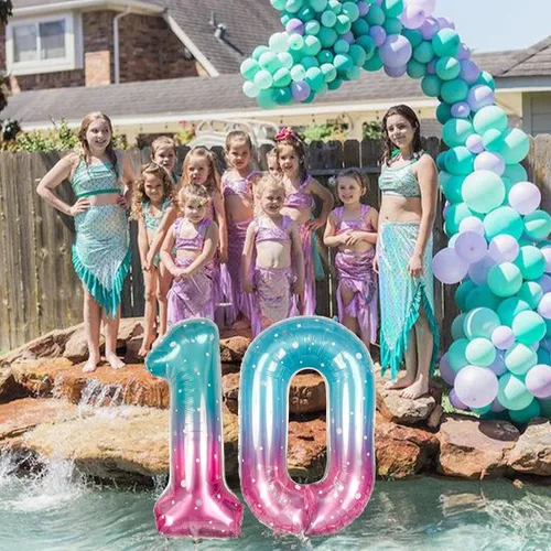 Miniatura 7 de Globos de Sirena Número 0 de 40 Pulgadas, Juego de Globos de Números Grandes Morado Verde Azulado Arcoíris 0-9, Globos de Números de Papel