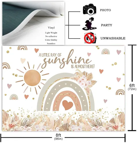Miniatura 2 de Avezano Telón de fondo bohemio para baby shower, césped de las pampas, fondo bohemio para fotografía de fiesta con arco iris y sol, decoración