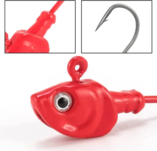 Miniatura 7 de Dr.Fish Paquete de 10 Cabezas de Jig para Swimbait, Cabezas de Jig de Pesca en Agua Salada Ojos 3D Anzuelos de Acero de Alto Carbono Señuelos de Rojo