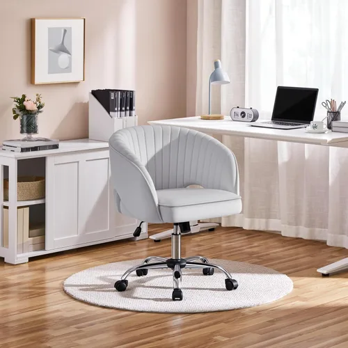 Miniatura 4 de Yaheetech - Silla de escritorio de terciopelo giratoria con respaldo tapizado para tocador, silla de oficina en casa con ruedas, silla pequeña