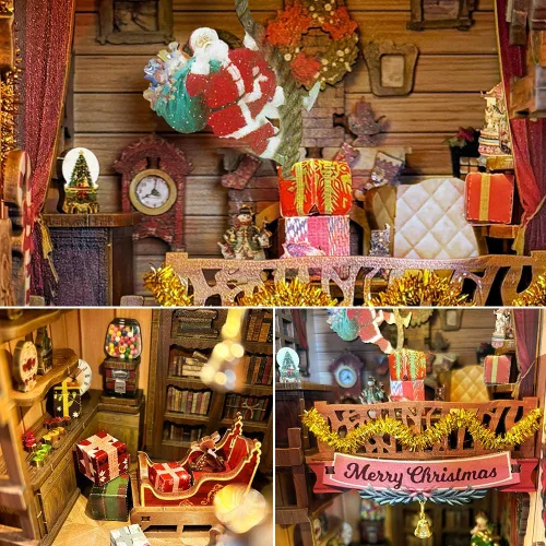 Miniatura 8 de Kit de rincón de libros de bricolaje, decoración de estantería de librería, rompecabezas de madera 3D con LED, regalo de Halloween, Navidad