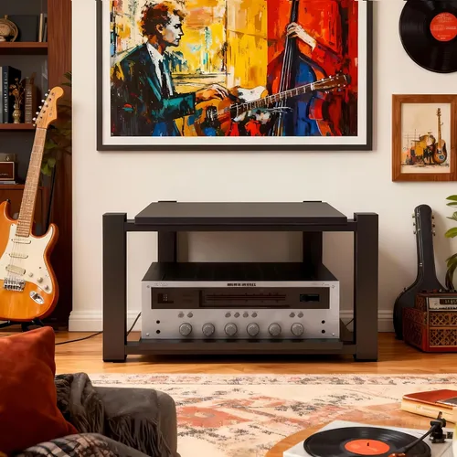 Miniatura 3 de Av - Estante de audio resistente, soporte para reproductor multimedia con estantes de madera, gabinete de equipo estéreo de CD negro, adecuado