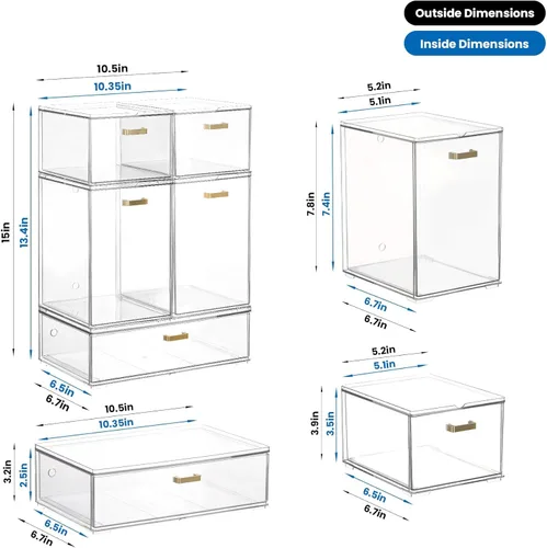 Miniatura 3 de LALOBLUE Juego de 5 cajones de almacenamiento apilables, cubos organizadores de acrílico transparente para suministros de belleza, perfectos