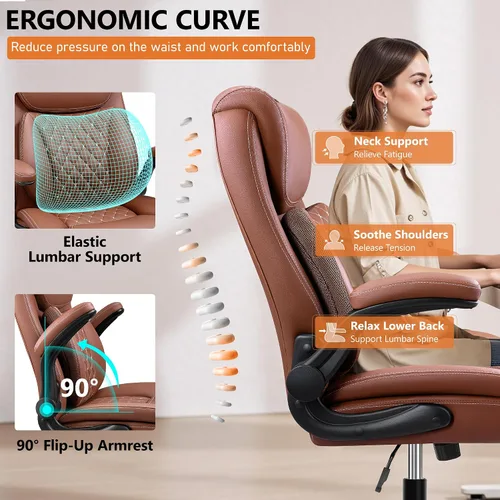 Miniatura 7 de BESTFAIR Silla de Oficina, Silla Ergonómica de Oficina con Soporte Lumbar para Alivio del Dolor de Espalda Baja, Silla Ejecutiva de Cuero con Brazos