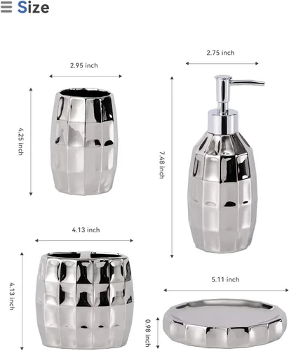 Miniatura 8 de Juego de accesorios de baño plateados, juego de accesorios de baño de cerámica de mosaico incluye dispensador de loción, vaso de soporte para Plata