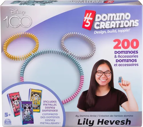Disney 100th Anniversary H5 Domino Creations 200 Dominó y accesorios de Domino Artist Lily Hevesh, regalos de Disney Juego de dominó para adultos y