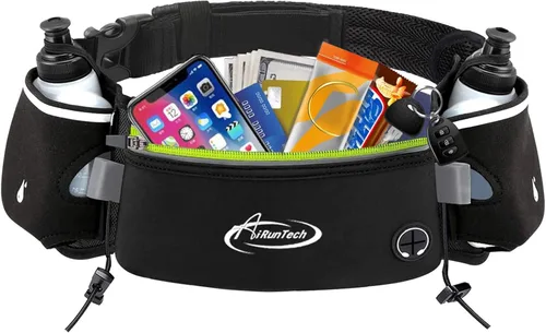 AiRunTech Cinturón de hidratación para correr con botella de agua, riñonera para teléfono y cartera, bolsa de correr, accesorios esenciales, BK+GN