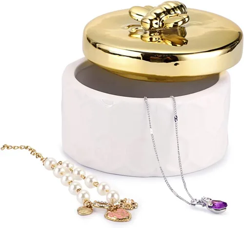 Miniatura 3 de Hipiwe Joyero de cerámica con tapa de abeja dorada, organizador de exhibición de joyas pequeño, contenedor de almacenamiento para decoración