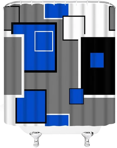 Miniatura 3 de Cortina de ducha moderna geométrica azul gris negro abstracto geométrico de mediados de siglo, moderno juego de decoración de baño con ganchos